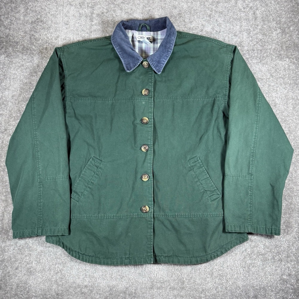 Vintage Cherokee Barn Chore Coat Womens Large Green Corduroy Collar Farm Western